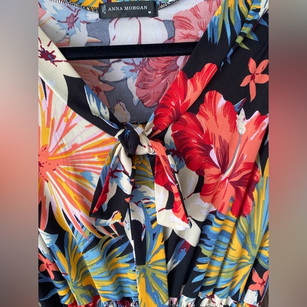 Size Medium Gorgeous Tropical Midi Stretch Waist Floral Black Red Dress - Picture 4 of 9